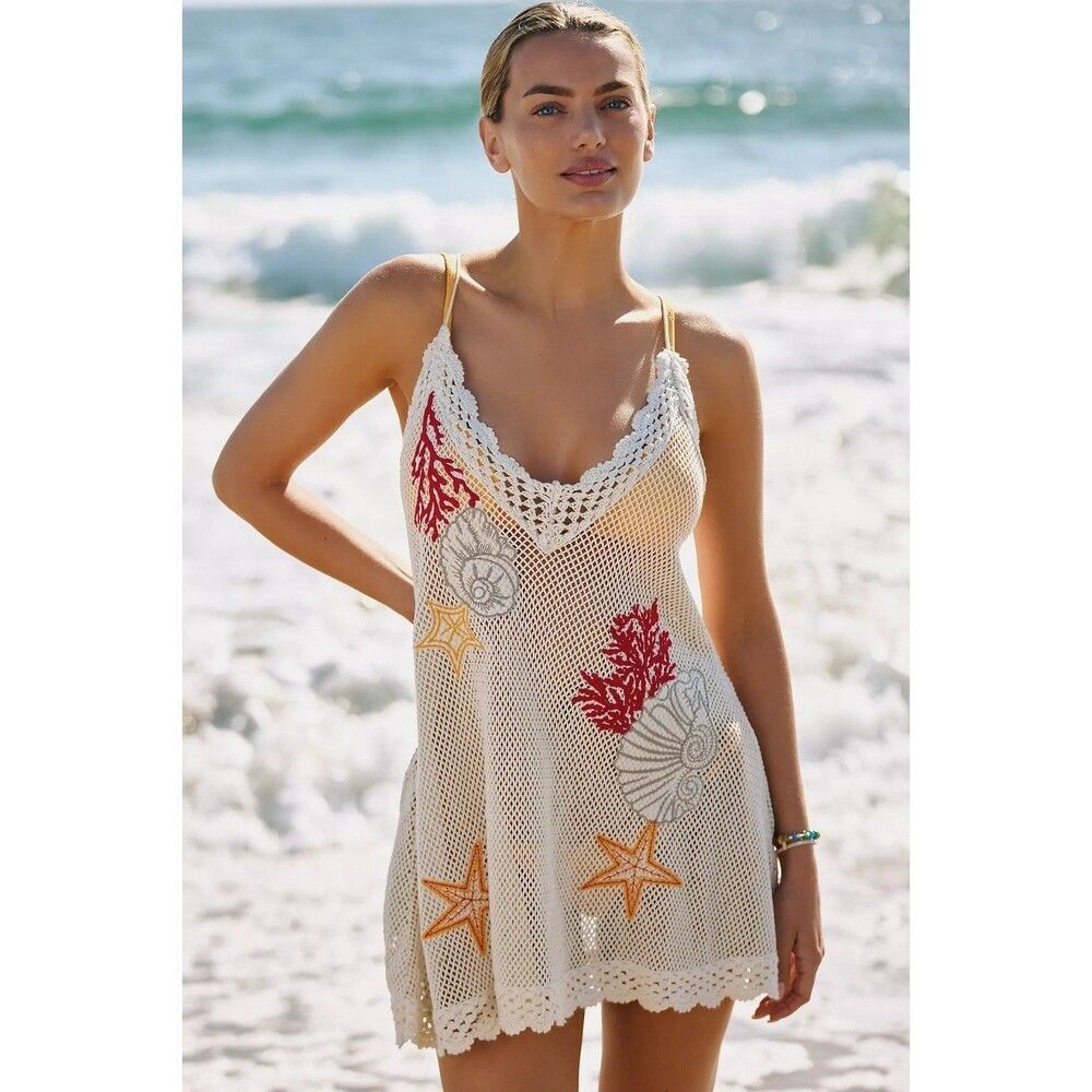 Anthropologie Celandine Crochet V-Neck Mini Dress Fishnet Coverup 2XPS 289685